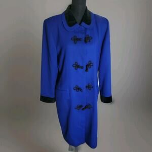 Oleg Cassini Vintage Frog Clip Wool Over Coat Size 12 Royal Blue Jackie O